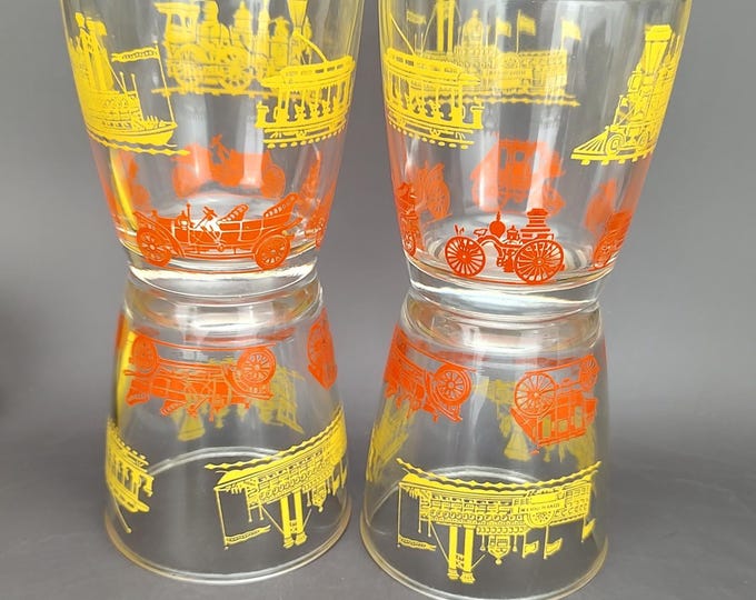 Featured listing image: Hazel Atlas Yellow And Orange Transportation Sour Cream 8 Oz Glasses ~ Set Of 4 ~Vintage Tumblers ~ Steam Boat, Horse & Carriage, Car, Train