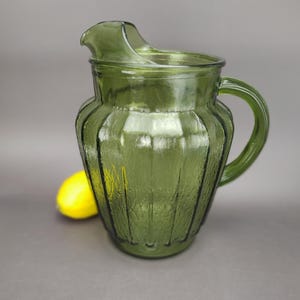 Anchor Hocking Sprucewood Avocado Textured Paneled Olive Green Pitcher MCM Retro Kitchen 1960s