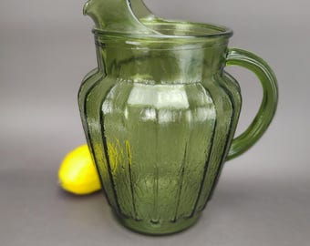 Anchor Hocking Sprucewood Avocado Textured Paneled Olive Green Pitcher MCM Retro Kitchen 1960s