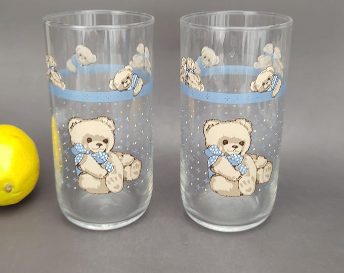 Featured listing image: Vintage Tienshan Theodore Teddy Bear Tumblers - Set of 2 - Libbey Glass