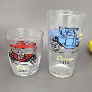 Hazel Atlas Sour Cream Jar Glasses 1910 Hudson and 1911 Oakland Antique Automobile