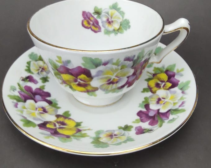 Featured listing image: Crown Pansy Tea Cup And Saucer Flower Of The Month Fine Bone China Staffordshire, England