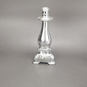 Vintage Avon Silver Tone Ornate Formal Candlestick Glass Bottle Decanter ~ Moonwind Cologne ~ Has Perfume!