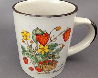 Vintage Wild Strawberries In Basket Yellow Flowers Tan Ceramic Mug Brown Handle