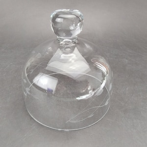 May include: A clear glass cloche with a rounded dome and a small, round knob on top. Delicate, etched lines decorate the glass surface. The cloche is designed to cover and protect items, often used for displaying food or decorative objects.