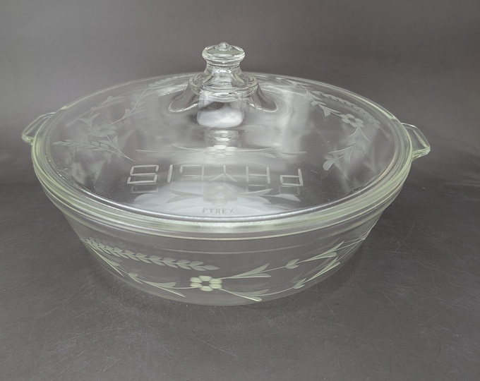 Featured listing image: 1940s Pyrex Etched "Phyllis" Casserole dish With Cover; Rare, Gift For Phyllis