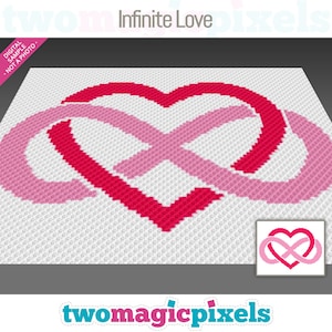 May include: A digital pattern for crocheting an infinity symbol with a heart in the center. The pattern is in pink and red on a white background. The text "Infinite Love" is at the top of the image.