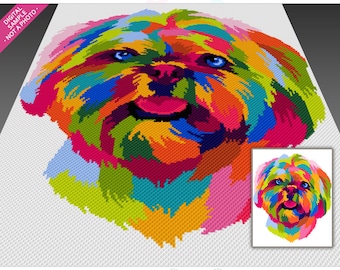 Colorful Shih Tzu crochet graph cross stitch; (c2c, mini c2c, sc, hdc, dc, tss); knitting; PDF download, no counts/ instructions