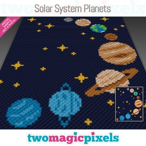 May include: A digital design showing a dark blue background with yellow stars and pixelated planets. The text "Solar System Planets" is at the top. A smaller version of the design is in the lower right corner. The design is by two magic pixels.
