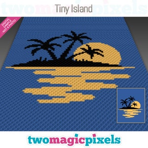 May include: A crochet pattern for a tiny island with palm trees and a setting sun. The pattern is in blue, yellow, and black.
