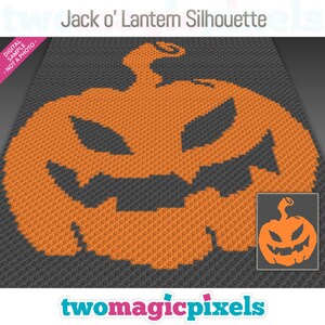 Könnte beinhalten: Ein digitales Muster zum Häkeln einer Jack-o'-Lantern-Silhouette. Das Muster besteht aus orangefarbenen und grauen Quadraten, die ein pixeliertes Bild eines Kürbisses mit einem gruseligen Gesicht erzeugen.