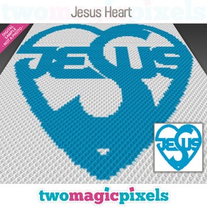 May include: A pixel art design of a heart with the word "JESUS" inside. The heart is blue and the background is white. The design is titled "Jesus Heart".
