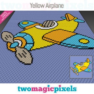 Könnte beinhalten: Ein Pixel-Art-Muster eines gelben Flugzeugs mit blauen und orangefarbenen Details. Das Flugzeug fliegt in einem blauen Himmel. Das Muster ist zum Häkeln.