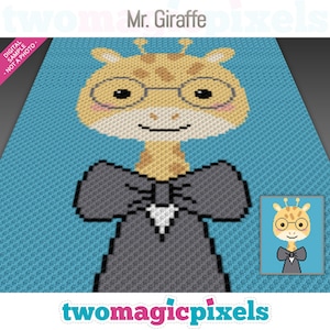 May include: A digital crochet pattern for a cute giraffe wearing glasses and a bow tie. The pattern is called "Mr. Giraffe" and is from the website "twomagicpixels".