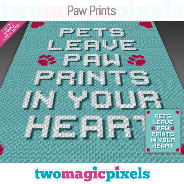 Paw Prints crochet graph (c2c, mini c2c, sc, hdc, dc, tss), cross stitch, knitting; PDF download, no counts or instructions