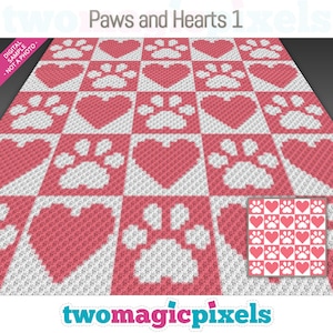 May include: A crochet pattern featuring alternating pink hearts and white paw prints. The pattern is called "Paws and Hearts 1".