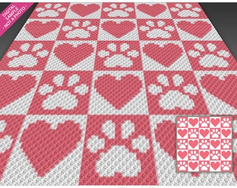 Paws and Hearts 1 graph for crochet (c2c, mini c2c, sc, hdc, dc, tss), cross stitch, knitting; instant PDF download, no counts/instructions