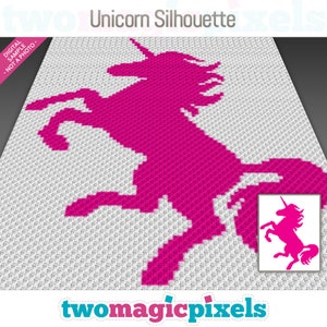 May include: A digital pattern for a pink unicorn silhouette crochet project. The pattern is displayed on a white background with the words "Unicorn Silhouette" at the top.