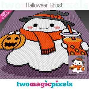 Pode incluir: Um padrão de crochê para um fantasma de Halloween que usa um chapéu de bruxa, segurando uma abóbora e um chá de bolhas. O fantasma está usando uma echarpe laranja. O padrão é chamado "Halloween Ghost" e é de "twomagicpixels".