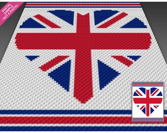 UK Heart Pattern, Corner to Corner Blanket, Union Jack Graphgan PDF Download, British Flag Design, Patriotic Decor, No Counts Included
