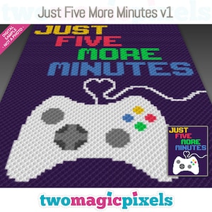 Peut inclure: Un modèle de crochet de style pixel art représentant une manette de jeu vidéo blanche avec le texte "Just Five More Minutes" en lettres colorées. Le motif est sur un fond violet.