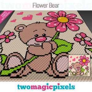 May include: A brown bear holding a pink flower with a green stem and leaves. The bear is surrounded by pink hearts and flowers. The image is a pixel art design.