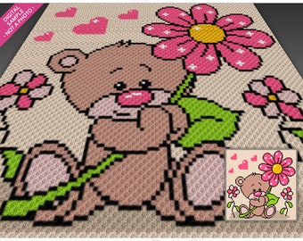 Wykres Flower Bear do robienia na szydełku (c2c, mini c2c, sc, hdc, dc, tss), ściegiem krzyżykowym, robieniem na drutach; natychmiastowe pobranie pliku PDF, bez liczenia i instrukcji