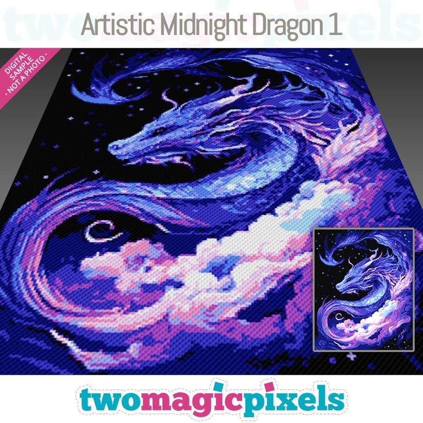 Artistic Midnight Dragon 1 crochet graph cross stitch; (c2c, mini c2c, sc, hdc, dc, tss); knitting; PDF download, no counts/ instructions