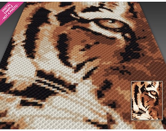 May include: Digital crochet pattern featuring a tiger's eye design. The pattern uses brown, black, and cream colors to create a detailed image of a tiger's face. The text "Tiger Eye + SC counts" is at the top, and the logo "twomagicpixels" is at the bottom.