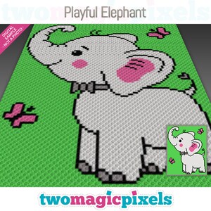 Könnte beinhalten: Ein Pixel-Art-Muster eines verspielten Elefanten mit rosa Ohren und einer Schleife auf grünem Hintergrund mit Schmetterlingen. Der Text "Playful Elephant" befindet sich oben im Bild.