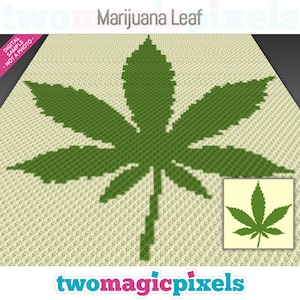 May include: A green marijuana leaf crochet pattern with a smaller version of the pattern in the bottom right corner. The pattern is on a white background.