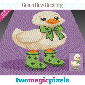 May include: A digital illustration of a duckling wearing a green bow and green wellington boots. The duckling is white with an orange beak and feet. The background is a textured purple surface. The image includes the text "Green Bow Duckling" and "two magic pixels".