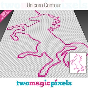 May include: A digital pixel art pattern of a unicorn in pink on a white background. The title "Unicorn Contour" is at the top of the image.