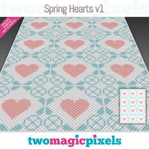 May include: A digital design featuring a repeating pattern of pink hearts on a light blue and white background. The design includes the text "Spring Hearts v1" and "two magic pixels".