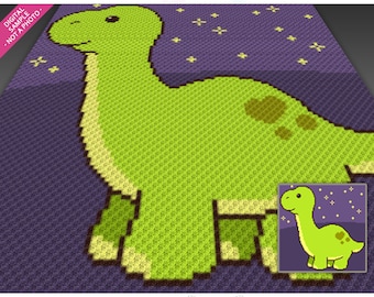 Little Brontosaurus crochet graph cross stitch; (c2c, mini c2c, sc, hdc, dc, tss); knitting; PDF download, no counts/ instructions