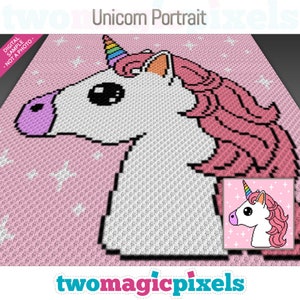 Puede incluir: Un patrón de arte de píxeles de un unicornio con un cuerno de arcoíris y una crin rosa sobre un fondo rosa con estrellas blancas. El patrón está etiquetado como "Unicorn Portrait" y "twomagicpixels".
