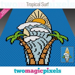 Könnte beinhalten: Ein Pixel-Art-Design eines Surfbretts mit einer Welle, Palmen und einer Sonne. Das Design ist in einem Farbschema aus Blau, Grün, Gelb und Braun gehalten. Der Text "Tropical Surf" befindet sich oben im Design.