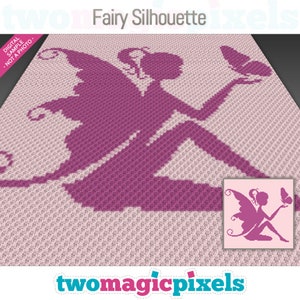 Puede incluir: Un patrón de crochet con una silueta rosa de un hada con alas y una mariposa. El patrón está sobre un fondo rosa claro. El texto "Fairy Silhouette" está en la parte superior de la imagen. El texto "twomagicpixels" está en la parte inferior de la imagen.