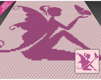 May include: A crochet pattern featuring a pink silhouette of a fairy with wings and a butterfly. The pattern is on a light pink background. The text "Fairy Silhouette" is at the top of the image. The text "twomagicpixels" is at the bottom of the image.