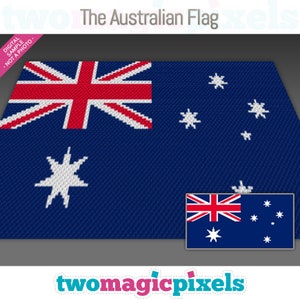 May include: A digital pixel art pattern of the Australian flag. The flag is blue with a white seven-pointed star in the lower left corner and a constellation of five white stars in the upper right corner. The Union Jack is in the upper left corner.