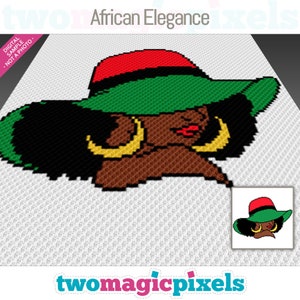 May include: A pixel art design of a woman with black hair wearing a green, red, and yellow hat. The design is titled "African Elegance".