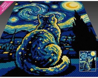 Artistic Van Gogh Night Cat Crochet Pattern, C2C Graphgan PDF, Starry Night Cat Blanket Chart (No Counts Included)