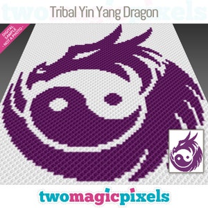 May include: A purple and white pixel art design of a tribal yin yang dragon. The dragon is curled around the yin yang symbol, which is in the center of the design.