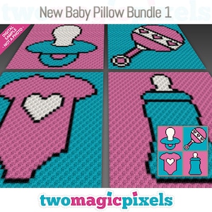 May include: A set of four crochet pillow patterns featuring baby-themed designs. The patterns include a dummy, a rattle, a baby bottle, and a onesie with a heart. The patterns are in a pixelated style and are perfect for creating unique and personalised baby gifts.