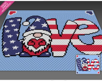 American Love Gnome gehaakt grafisch patroon, C2C Graphgan-pdf, patriottische dekengrafiek (niet inbegrepen)