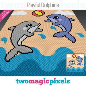 May include: Playful Dolphins crochet pattern featuring two gray and blue dolphins jumping out of the water with a red and yellow ball. The pattern is on a beige background with blue waves.