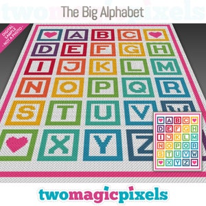 Peut inclure: Un modèle de crochet pour une couverture d'alphabet colorée avec un cœur à chaque extrémité. Les lettres sont dans un schéma de couleurs arc-en-ciel et sont disposées en grille. Le modèle s'appelle "The Big Alphabet".