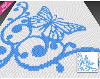 Delicate Butterfly crochet graph cross stitch; (c2c, mini c2c, sc, hdc, dc, tss); knitting;  PDF download, no counts/ instructions