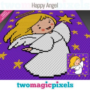 Op de afbeelding: Een pixel art-patroon van een gelukkige engel met een halo, die een ster vasthoudt, tegen een paarse achtergrond met gele sterren. Het patroon heeft de titel "Happy Angel".