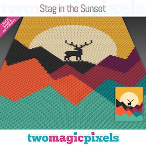 May include: A crochet pattern featuring a stag standing on a mountain peak with a large yellow sun behind it. The mountains are in shades of orange, red, purple, and teal.